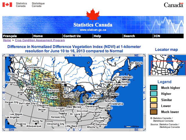 Statistics Canada's Crop Condition Assessment Program (CCAP) provides a weekly snapshot of the vegetation growth across the crop-growing areas of Canada and the northern States, as determined from satellite data. The most recent chart shows the Peace River region and north-eastern Saskatchewan to have lower-than-normal vegetation, while the major concern would be southern Manitoba and points south, where vegetation cover is indicated as much lower than normal.